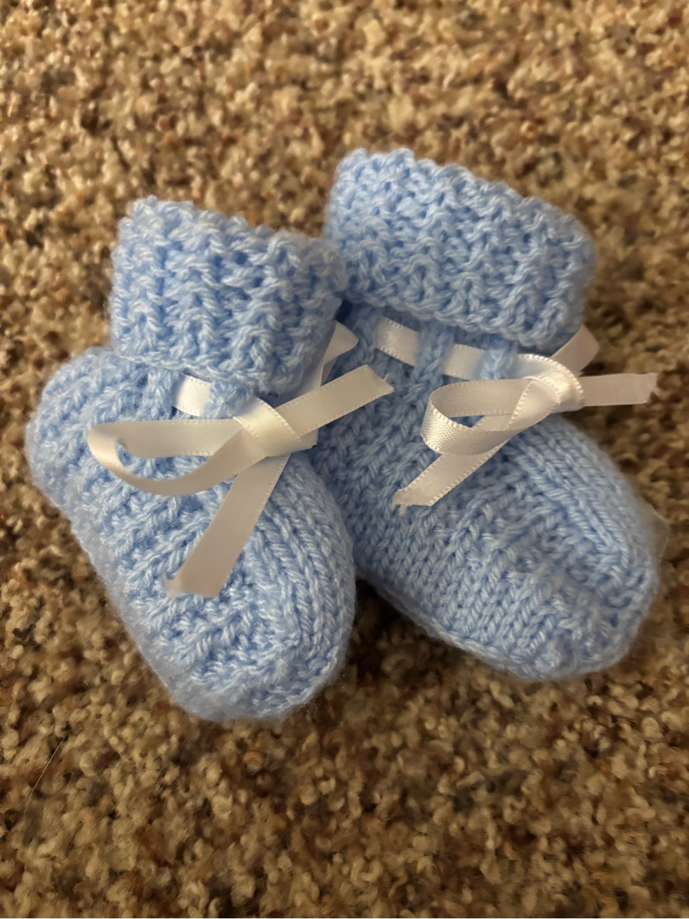 Hand-Knit Baby Booties in Light Blue with Satin Bows